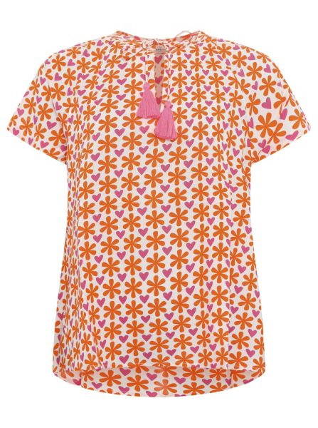 Kurzarm Blusen-Shirt in orange-pink gemustert